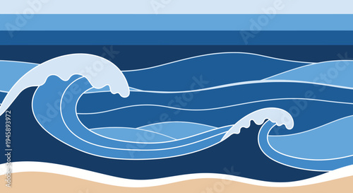 Stylized ocean waves illustration in shades of blue and white