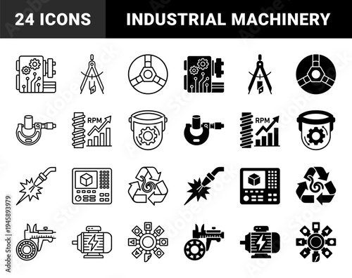 Heavy Industrial Manufacturing and Precision Engineering Icons Featuring CNC Machinery Power Tools and Automated Production Systems with Hybrid Line Solid Style