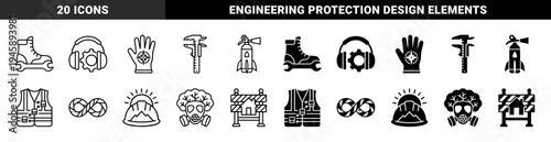 Industrial Safety and Engineering Hybrid Icons Merging Heavy Labor Gear with Technical Tools in Outline and Solid Dual Style