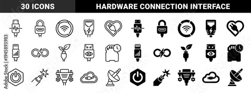 Hardware Connection and Digital Interface Symbols Merged with Heart Leaf Eye and Clock Concepts in Monoline and Solid Geometric Styles
