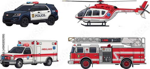 Emergency vehicles collection police car ambulance helicopter and fire truck rescue service flat vector illustration set