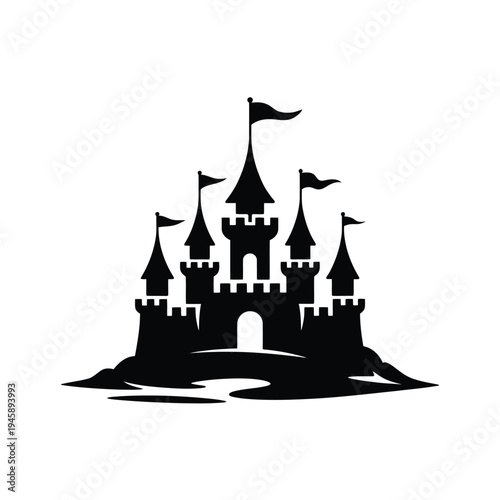 A striking black silhouette of a fairytale castle with multiple towers