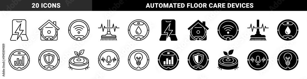 Fototapeta premium Smart Robotic Vacuum Hybrid Design Elements Merging Home Cleaning Technology with Data Analytics and Environmental Wireless Control Symbols
