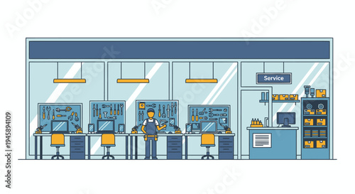 Technician in workshop repair service tools vector illustration