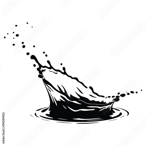 A black and white illustration depicting a splash of liquid possibly water