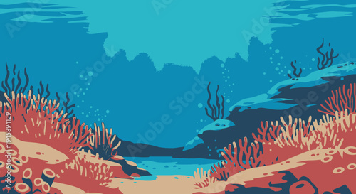 Underwater scene illustration with coral and plants in a simplified style