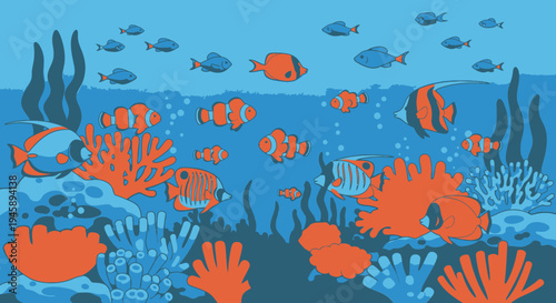 Underwater scene with colorful coral reefs and various fish silhouettes