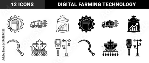 Smart Agriculture Hybrid Symbols Merging Industrial Machinery Gear with Grain Silo Cargo Truck and Data Binary Code for Digital Farming