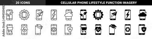 Collection of minimalist mobile phone symbols merged with lifestyle elements including nature leaves gear paper plane lightning cloud cart heart graduation cap aperture and shield