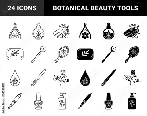 Organic Spa and Manicure Hybrid Line Symbols Merging Nail Care Tools with Botanical Elements Like Fern Leaves Flowers and Crystals