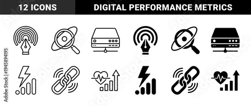 Hybrid connectivity and performance icons featuring pen tool signals magnifying glass orbits network servers power bars and heart rate monitors