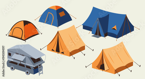 Variety of camping tents and recreational vehicle graphic illustration