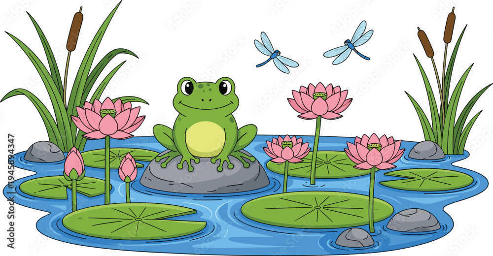 Fototapeta premium Cute frog sitting on lily pad pond with lotus flowers dragonflies nature flat vector illustration