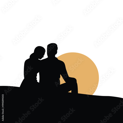 Silhouette of a couple embracing against a vibrant sunset backdrop