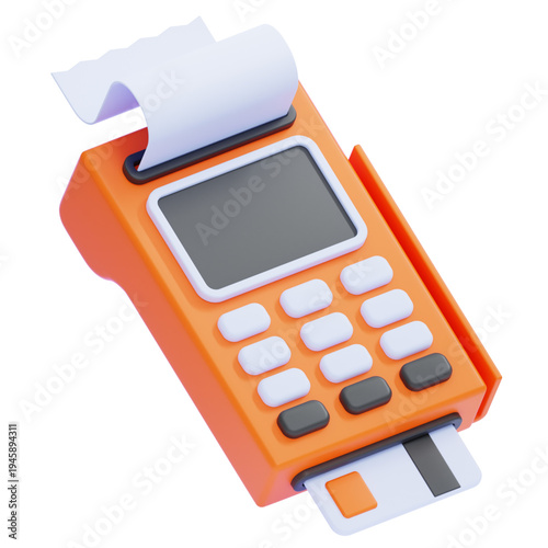 3D illustration of a modern credit card payment terminal with a receipt displaying for easy transaction processing and financial operations