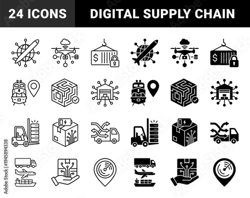 Smart Logistics and Digital Supply Chain Hybrid Icons Featuring Autonomous Drones Automated Warehousing and Integrated Cargo Tracking Systems