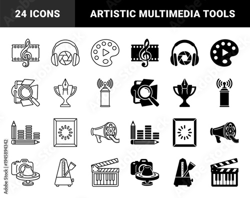 Abstract multimedia hybrid concept set featuring artistic mergers of music notes with film strips and paint palettes with video play buttons