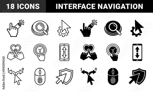 Hybrid interface icons merging digital navigation with physical metaphors including fiber optic hand magnifying glass clock and rocket mouse