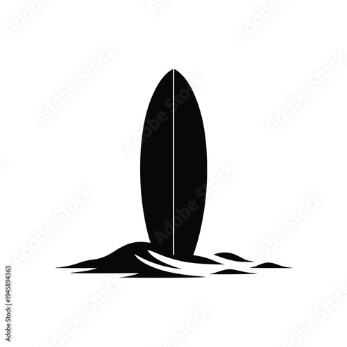 A minimalist black silhouette of a surfboard standing on sand
