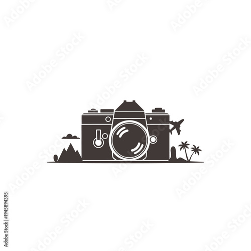 Vintage camera silhouette featuring tropical elements and a distant airplane
