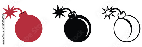 Bomb and Burning Icon Set, Explosive Bomb Symbol, Fire and Burning Hazard Icons, Danger Warning Signs, Safety Risk Illustration, Vector