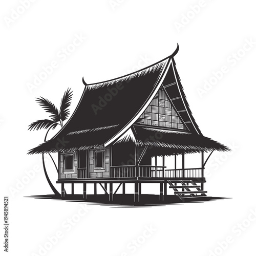 Traditional thai style house illustration with palm tree black and white