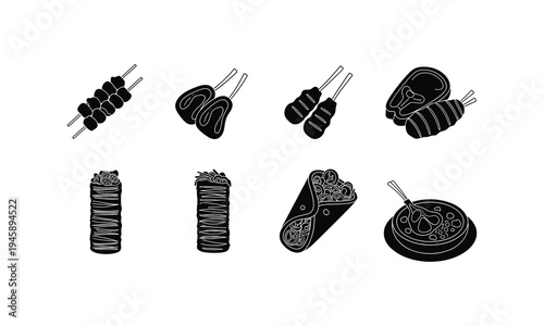 Variations of traditional meat skewers and rolled dishes from different cuisines