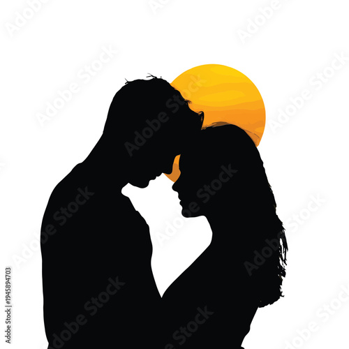 Silhouetted couple embracing against a warm golden sunset backdrop