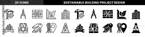 Construction and engineering hybrid icons featuring a crane with circuit lines, smart buildings with binary code, and sustainable green measuring tools.