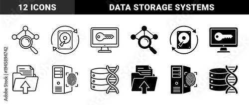 Hybrid biometric data and cybersecurity icons featuring fingerprint server scanning DNA database storage and encrypted monitor access in line and solid styles