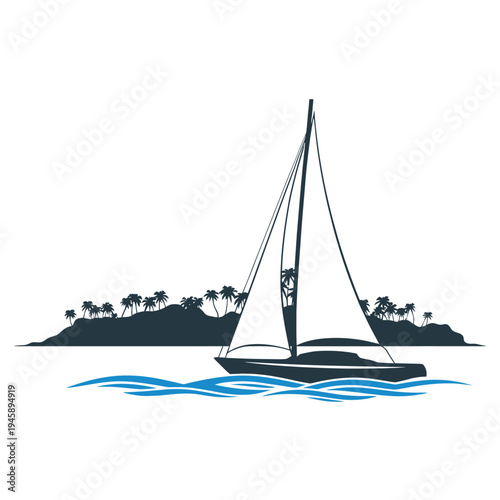 Silhouette of a sailboat gliding past a tropical island coastline