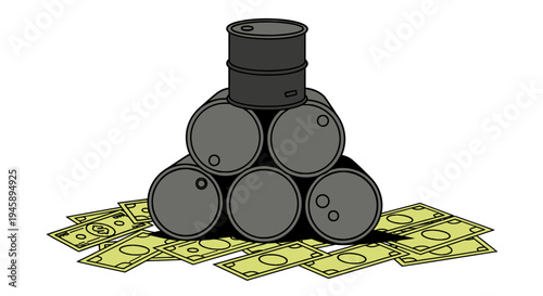A stack of oil barrels surrounded by scattered cash on the ground with money