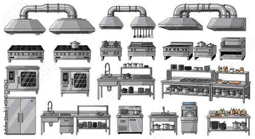 Commercial Kitchen Equipment Set Vector Collection – Stainless Steel Restaurant Appliances, Professional Cooking Tools and Industrial Culinary Kitchenware Illustration