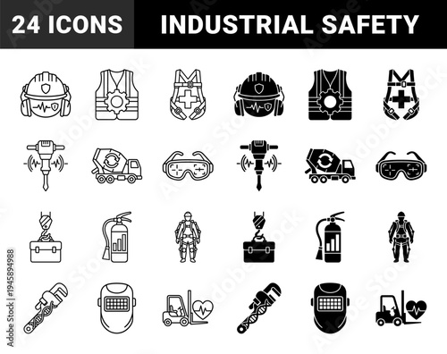 Industrial Safety and Heavy Machinery Hybrid Icons Featuring Integrated Symbols of Maintenance Performance Monitoring and Construction Protection