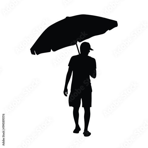 Silhouette of a man with an umbrella walking forward outdoors