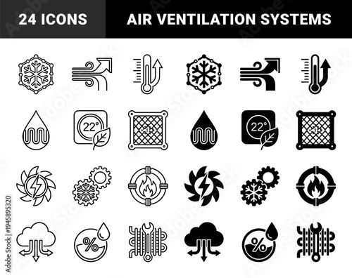 HVAC and Climate Control System Hybrid Icons Featuring Integrated Temperature Regulation Airflow Management and Industrial Maintenance Symbols