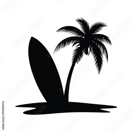 Black silhouette of a palm tree and surfboard on a sandy beach
