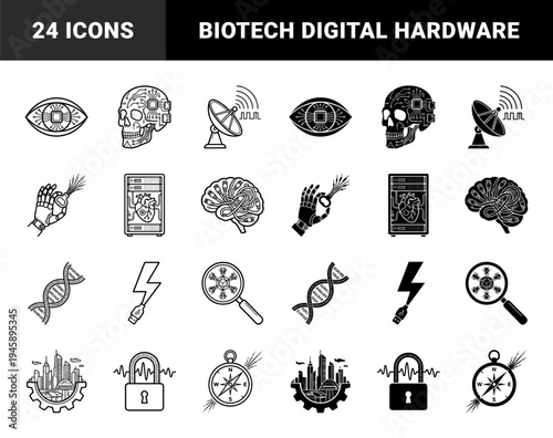 Futuristic Cybernetic Hybrid Symbols Merging Human Anatomy with Digital Circuitry Hardware and Network Infrastructure in Minimalist Dual Style
