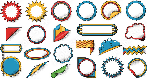 Pop Art Comic Speech Bubbles, Starburst Badges, Retro Frames and Sale Labels Collection Colorful Vintage Comic Style Vector Design Elements Set