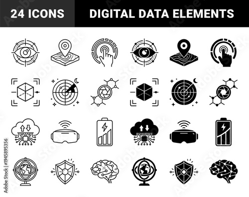 Hybrid technical symbols featuring integrated line and solid styles for data visualization augmented reality global networking and security systems