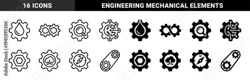 Industrial Engineering and Digital Integration Symbols Featuring Gear Hybrids with Cloud Computing Navigation and Connectivity Elements in Dual Style