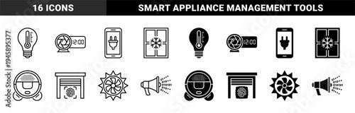 Smart home automation symbols featuring hybrid combinations of appliances with digital sensors and climate control interfaces in outline and glyph styles