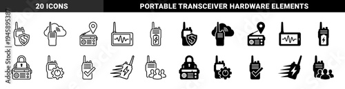 Hybrid walkie talkie and radio communication icons featuring security shields cloud storage location tracking battery status and gear settings