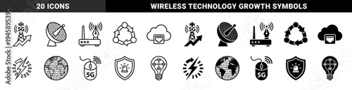 Hybrid telecommunication and networking icons featuring 5G towers with growth arrows parabolic dishes with honeycomb grids and cloud ethernet ports