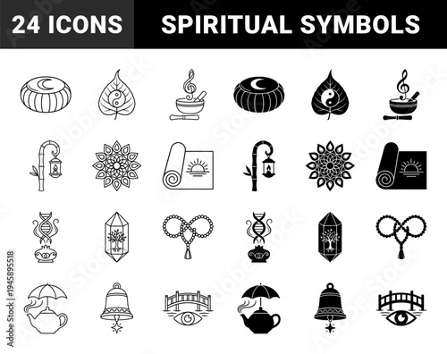 Zen Spiritual Symbols and Meditative Hybrid Icons Combining Yin Yang Leaves DNA Vases Singing Bowls and Sacred Geometry Mandalas