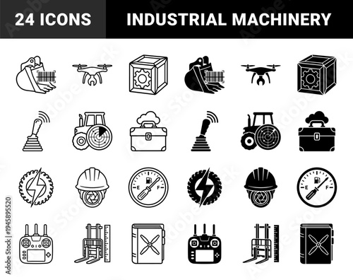Hybrid Industrial Smart Equipment Icons Featuring Excavator Barcode Scanner Drone Wrench Tractor Radar Fuel Gauge And Forklift Measurement Scale