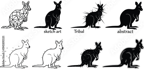 Kangaroo illustrations, sketch art, tribal style, abstract silhouette, line drawing, splatter texture, glossy outline, vector animal set