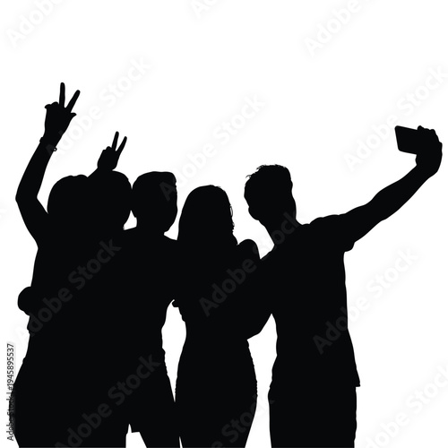 Silhouettes of friends taking a selfie with arms raised in celebration