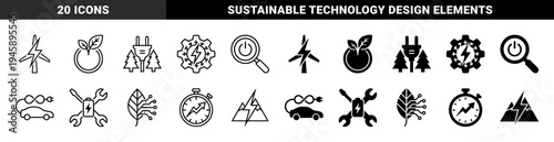 Sustainable energy and eco friendly technology icons featuring hybrid wind turbine lightning bolt and electric vehicle leaf integration designs