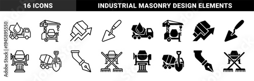 Concrete Construction Industry Hybrid Icons Merging Cement Mixers with Crane Trowel Shovel Pillar Fountain Pen and Rake Symbols in Outline and Solid Style